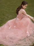 Charming Pink Tulle A Line 3D Flowers Long Evening Gown Prom Dress OK1166