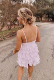 Sweet Spaghetti Straps Chiffon Mini Party Dress Simple Tiered Homecoming Dress OK1500