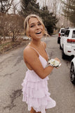 Sweet Spaghetti Straps Chiffon Mini Party Dress Simple Tiered Homecoming Dress OK1500
