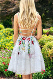 Charming A-line Lace Floral Appliques V Neck Short Homecoming Dresses OKM50