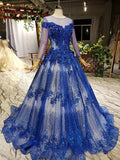 Charming Long Sleeve Tulle Royal Blue Applique Ball Gown Prom Dress with Beads OKN74