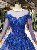 Charming Long Sleeve Tulle Royal Blue Applique Ball Gown Prom Dress with Beads OKN74