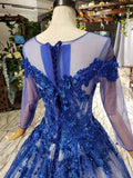 Charming Long Sleeve Tulle Royal Blue Applique Ball Gown Prom Dress with Beads OKN74