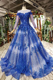 Charming Long Sleeve Tulle Royal Blue Applique Ball Gown Prom Dress with Beads OKN74