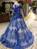 Charming Long Sleeve Tulle Royal Blue Applique Ball Gown Prom Dress with Beads OKN74