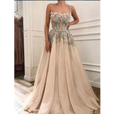 Charming Spaghetti Straps Appliques A-line Formal Long Prom Dress OKH14