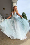 Charming Spaghetti Straps V Neck Sleeveless Tulle Mint Prom Dress with Beading OKY78