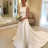 Cheapest Boho A-line Jewel Backless Wedding Dress Chapel Train Satin Bridal Dress OKX6