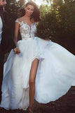 Chiffon A-line V-neck Lace Appliques Wedding Dress With Slit, Bridal Gown OK1806