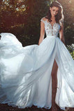 Chiffon A-line V-neck Lace Appliques Wedding Dress With Slit, Bridal Gown OK1806