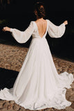 Beautiful Chiffon V Back Wedding Gowns Long Puffy Sleeves Beach Wedding Dress OK1200