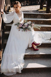 Beautiful Chiffon V Back Wedding Gowns Long Puffy Sleeves Beach Wedding Dress OK1200