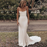 Classic Soft Satin Mermaid Wedding Dress Spaghetti Straps Criss Cross Back Trumpet Bride Dress OKV64