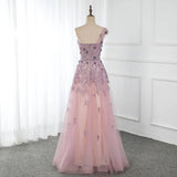 One Shoulder Tulle Sleeveless Long Prom Dress Lace Appliques Beaded Formal Girl Party Gown OKW59