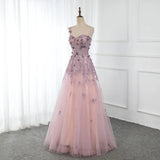 One Shoulder Tulle Sleeveless Long Prom Dress Lace Appliques Beaded Formal Girl Party Gown OKW59