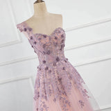 One Shoulder Tulle Sleeveless Long Prom Dress Lace Appliques Beaded Formal Girl Party Gown OKW59