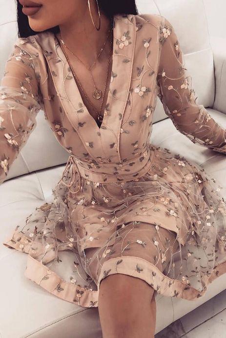 Cute Pink Long Sleeve Homecoming Dress, V Neck Short Prom Dress OKO62