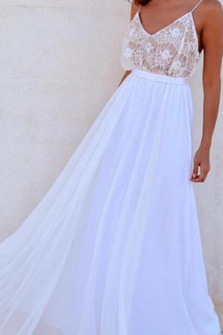 White Chiffon Long Beach Wedding Dress,Simple Prom Dresses OKC33