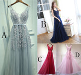 Gray Tulle Long V-neck Evening Dress A Line Appliqued Prom Dress OKP166