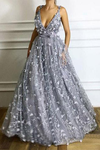 Deep V-Neck Long Flowers Lace Grey Prom Evening Dresses A-Line Formal Dresses OKG10