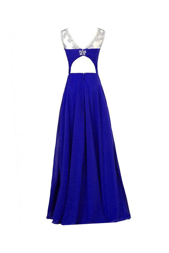 Chiffon Royal Blue Beaded Long Prom Evening Dresses ED0652