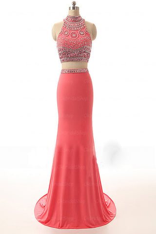 Watermelon Beaded Long Sheath Modest Prom Dresses K674