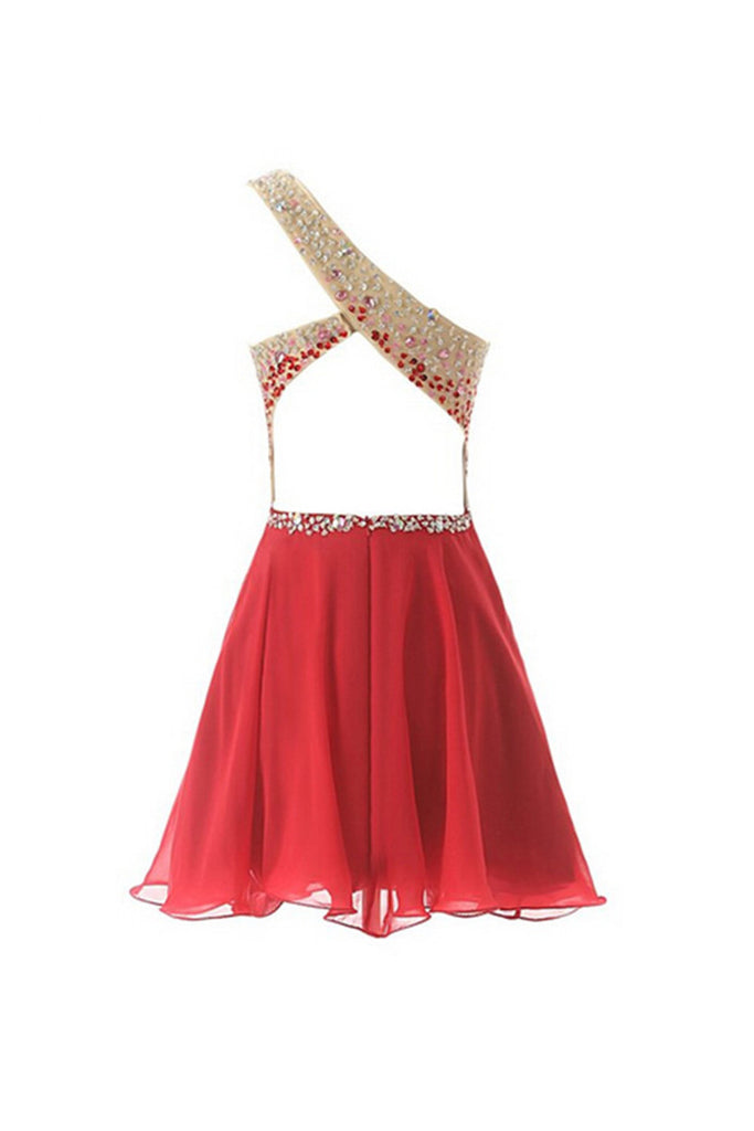 One Shoulder Red Chiffon Beaded Short Prom Dresses ED0671