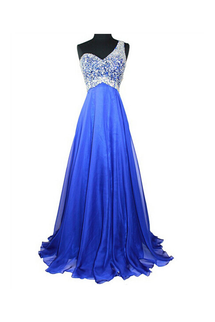 Royal Blue Beaded One Shoulder Long Prom Dresses ED0676