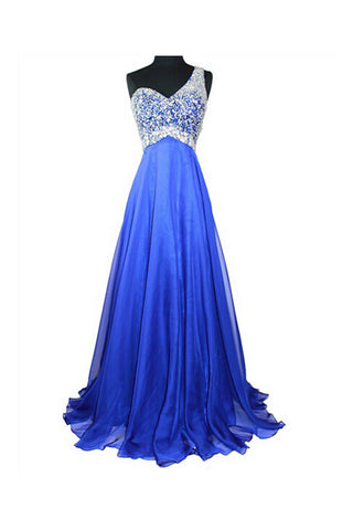 Royal Blue Beaded One Shoulder Long Prom Dresses ED0676