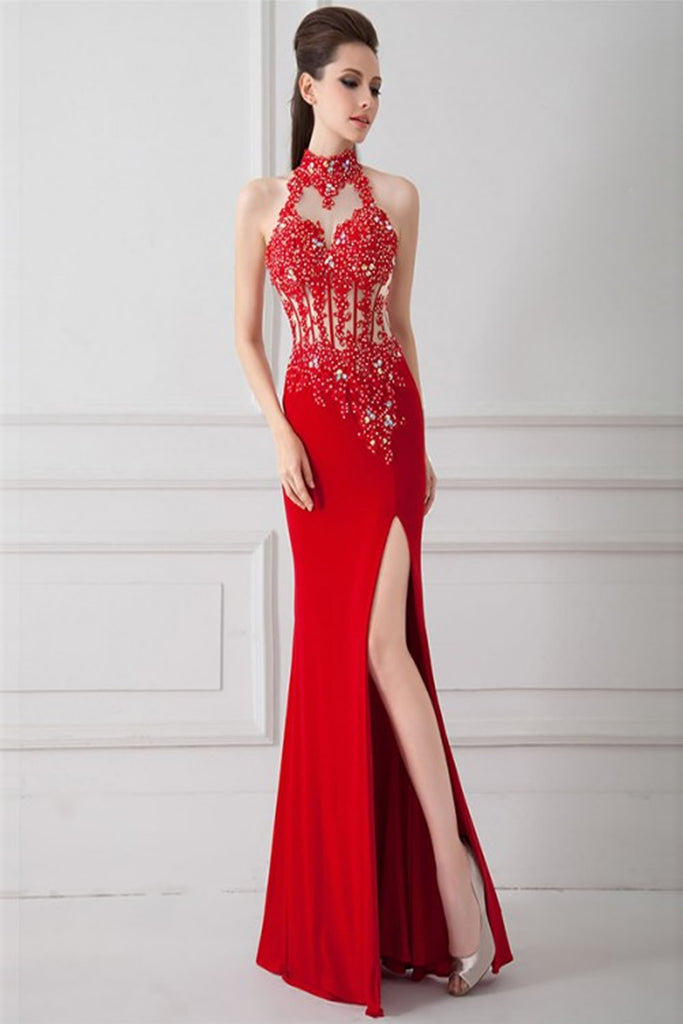 Sexy Red Beaded Backless Long Prom Dress with Split ED0699