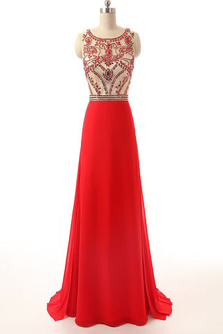 Beaded Long Prom Dresses Red Chiffon Cheap Evening Gown ED0712