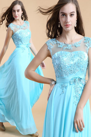 Light Sky Blue Chiffon Long Lace Beaded Prom Dress ED0828