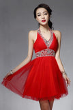 Halter Backless Red Beaded V-neck Homecoming Dress ED0832