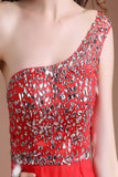 One Shoulder Red Beaded Open Back Prom Dress with Split ED0834