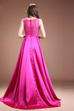 Fuchsia Satin Lace Beaded Cap Sleeves Long Prom Dress ED0839