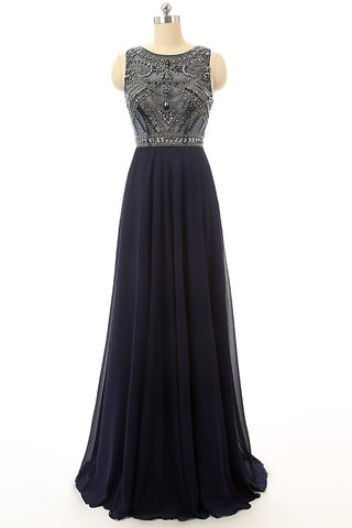 Cheap Prom Dresses Navy Blue Beaded Long Graduation Dresses ED0849