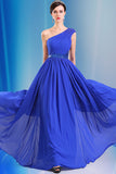 One Shoulder Chiffon Long Royal Blue Simple Prom Dress ED0852
