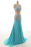 V-neck Light Sky Blue Beaded Long Prom Evening Dress K14