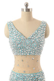 V-neck Light Sky Blue Beaded Long Prom Evening Dress K14