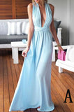 Sheath/Column V-neck Chiffon Floor-length Ruffles Blue Backless Sexy Prom Dress OK182