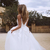 Bohemian Wedding Dress Beach With Lace Appliques Spaghetti Strap Wedding Gowns OKW93