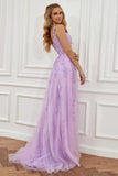 Elegant Off Shoulder Lilac Purple Lace Appliques Long Prom Dresses with High Slit OK1722