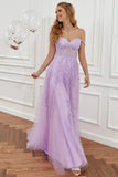 Elegant Off Shoulder Lilac Purple Lace Appliques Long Prom Dresses with High Slit OK1722