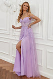 Elegant Off Shoulder Lilac Purple Lace Appliques Long Prom Dresses with High Slit OK1722