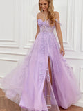 Elegant Off Shoulder Lilac Purple Lace Appliques Long Prom Dresses with High Slit OK1722