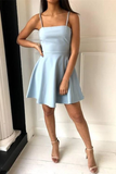 A-line Spaghetti Straps Above-Knee Light Blue Satin Homecoming Dress OKY73