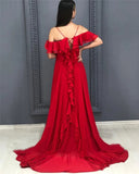 A-line Red Chiffon Prom Dress Long Sexy Split Evening Party Gowns OKW35