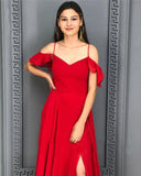 A-line Red Chiffon Prom Dress Long Sexy Split Evening Party Gowns OKW35