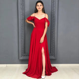 A-line Red Chiffon Prom Dress Long Sexy Split Evening Party Gowns OKW35