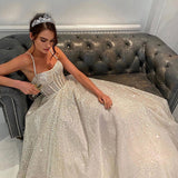 Glitter Wedding Dress A-line Shiny Tulle Straps Beaded Long Tail Bride Gown OKW49